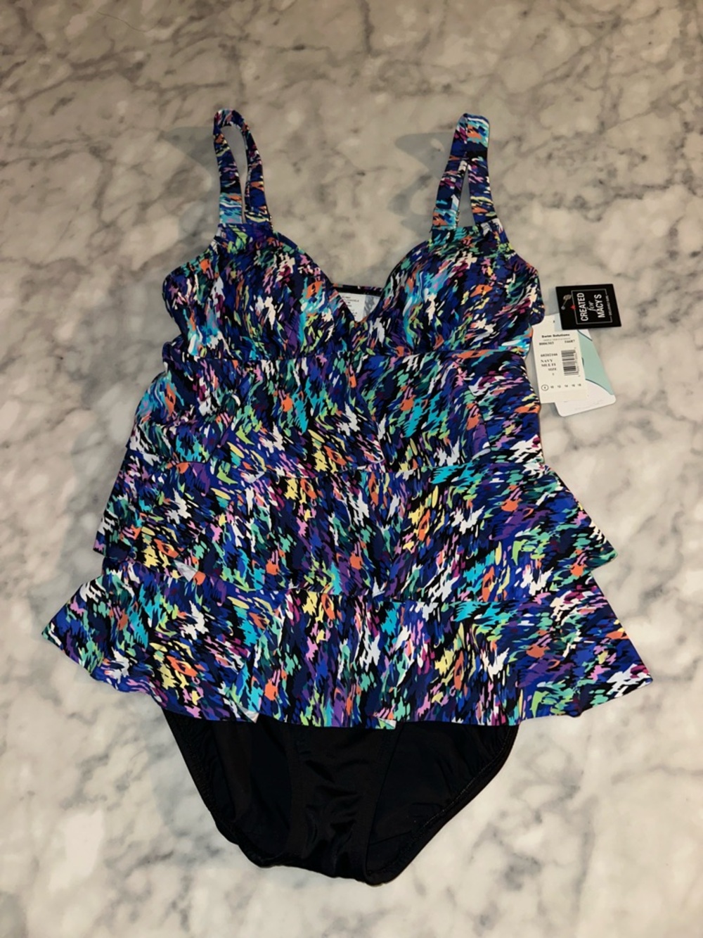 Swim Solutions Blue Multi-Color Ruffle One-Piece fauxkini Swimsuit